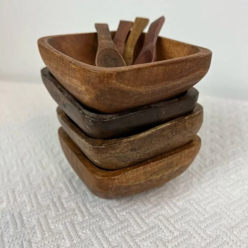 Vintage Antique 8 Piece Teak Wood Primordial Bowl and Spoon Sauce Serve Set - Picture 4 of 13